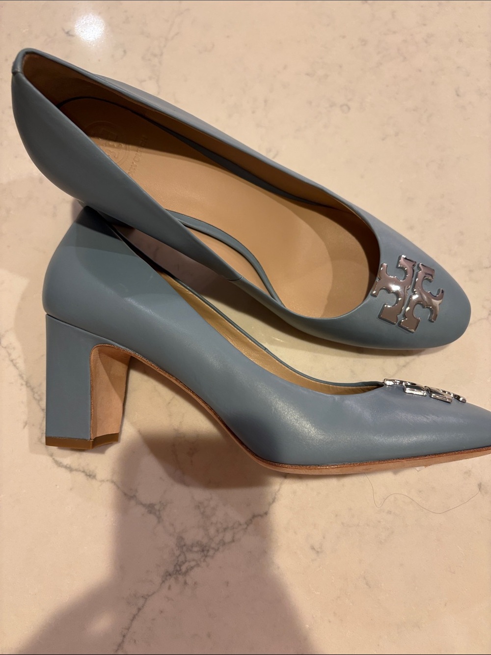 Tory Burch Powder Blue Leather Block Heel Pumps with Logo Accent